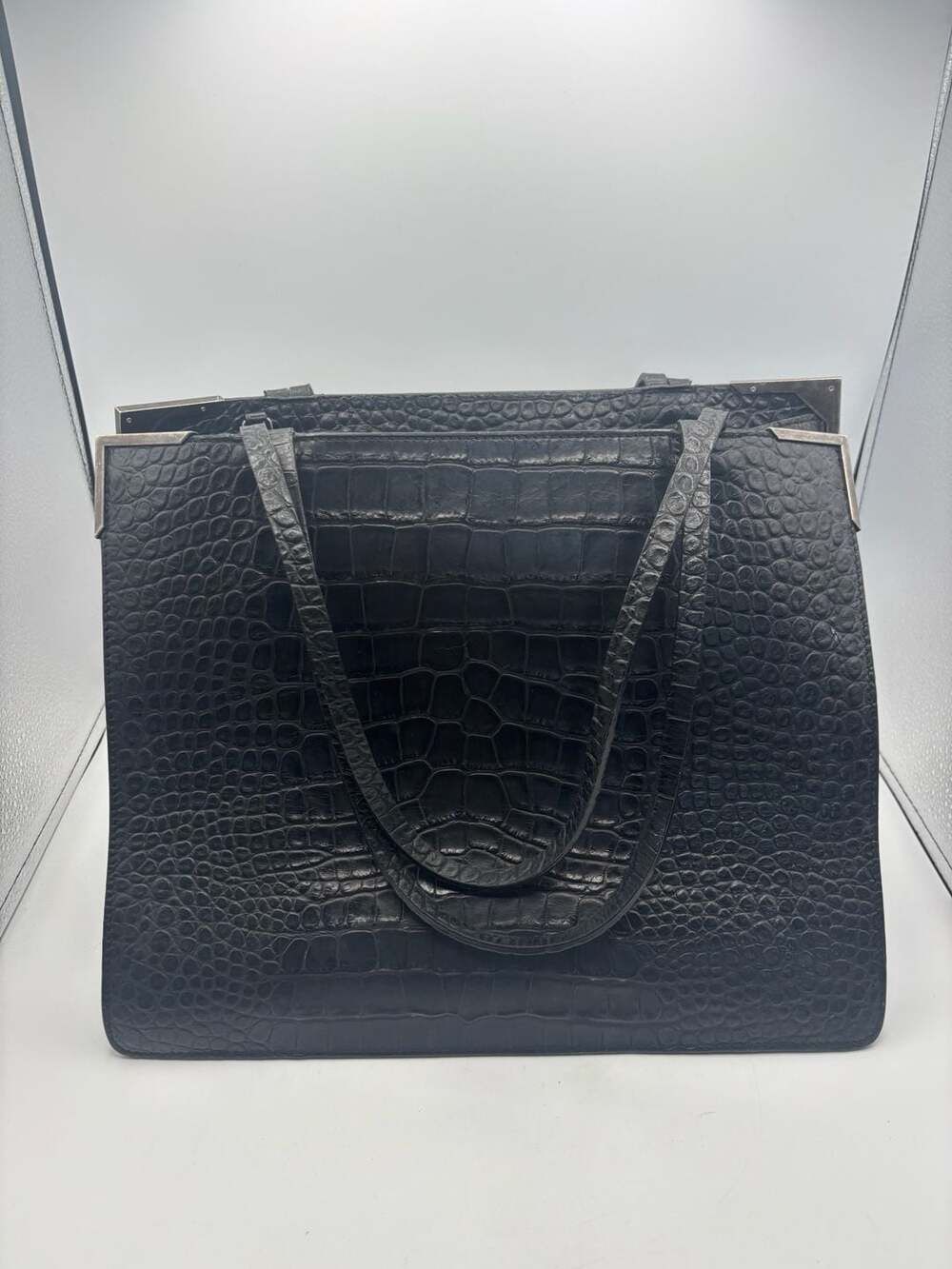 Lia Numa Italian Black Crocodile Embossed Leather Tote Bag